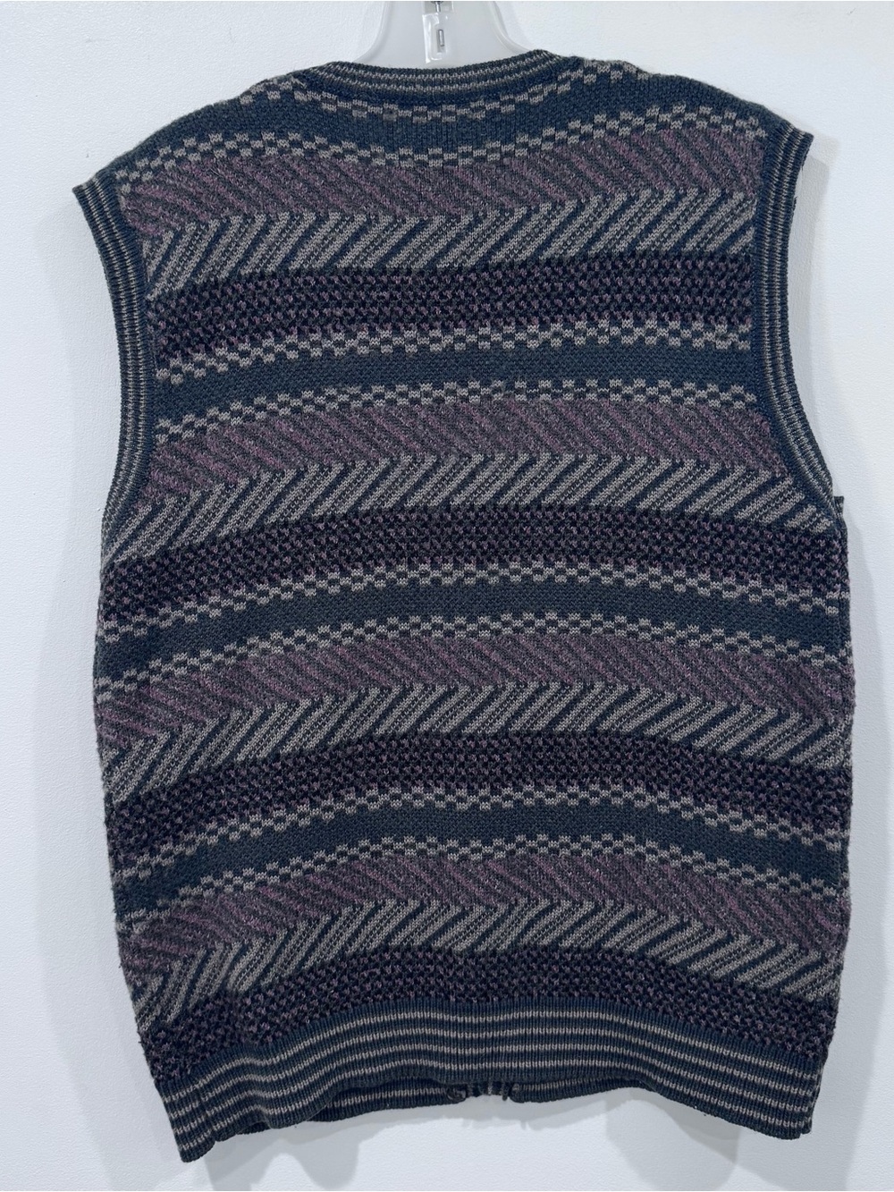 Vintage 80s 90s Grandpa Knit Sweater Vest Button Front Blue Geometric Chevron - Picture 2 of 6